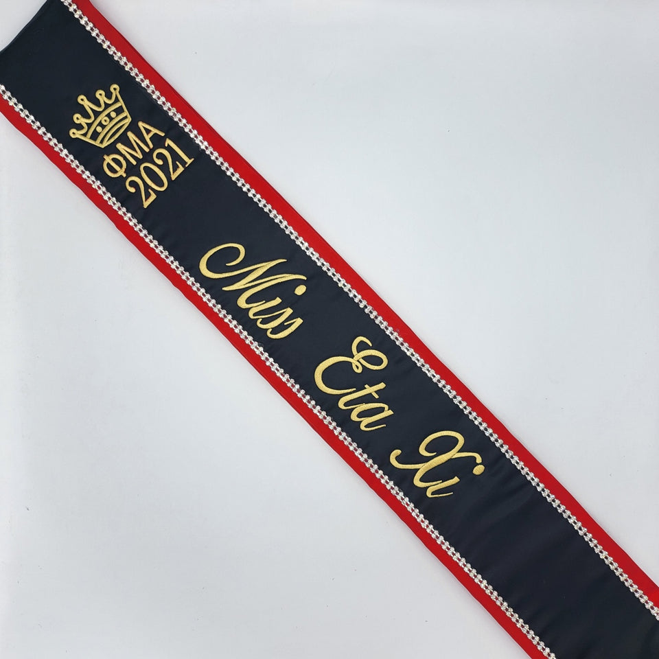 Premium custom designed pageant sash. Embroidered or printed with your custom text. Gorgeous satin fabric,  movie quality tv sashes. Rush order available. 