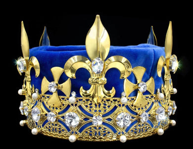 Men's King Round Crown Gold with CLEAR stones and Blue Velvet 5.5