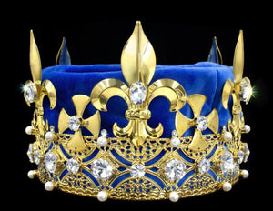 Men's King Round Crown Gold Blue Velvet 5.5" tall