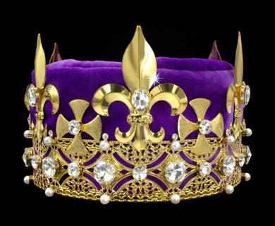 Men's King Round Crown Gold with CLEAR stones - Purple Velvet 5.5