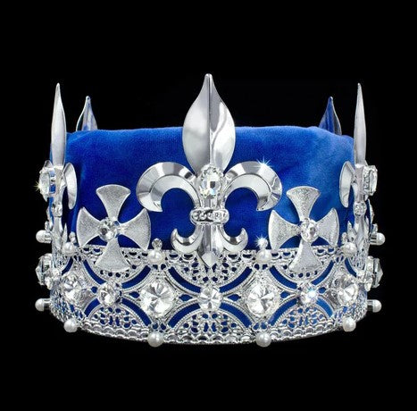 Men's King Round Crown SILVER with CLEAR Stones and Blue Velvet 5.5