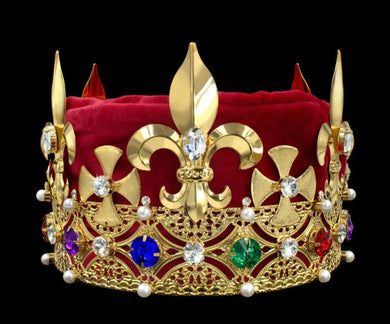 Men's King Round Crown Gold with multi color jewels - Red Velvet 5.5
