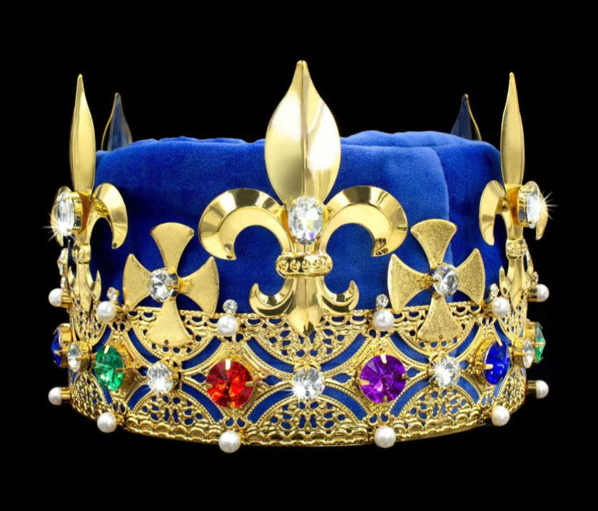 Men's King Round Crown Gold with Multi Colored Stones and Blue Velvet 5.5